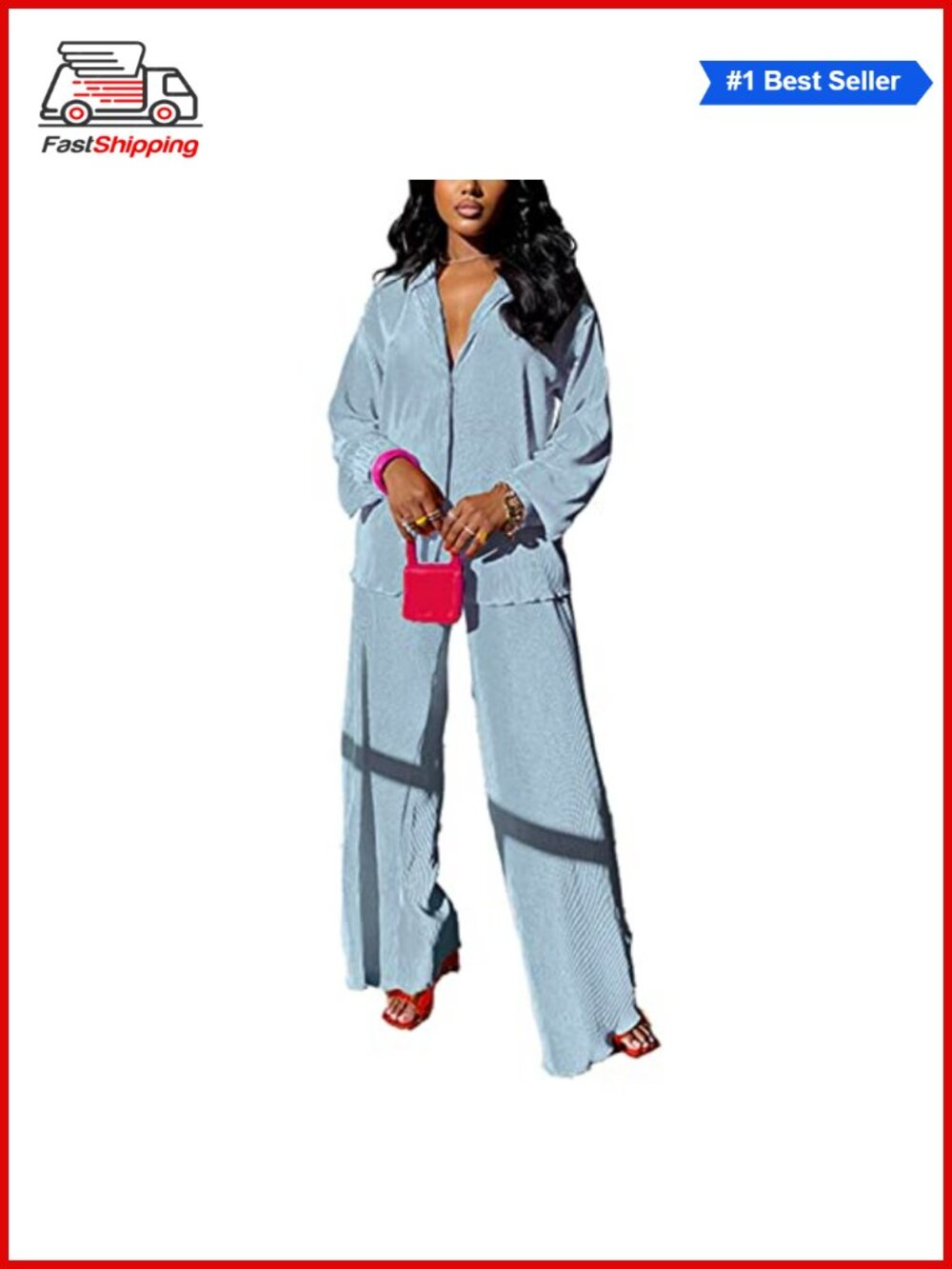 ✨ Women's 2 Piece Plisse Shirt & Wide Leg Pant Set Polyester Elastane